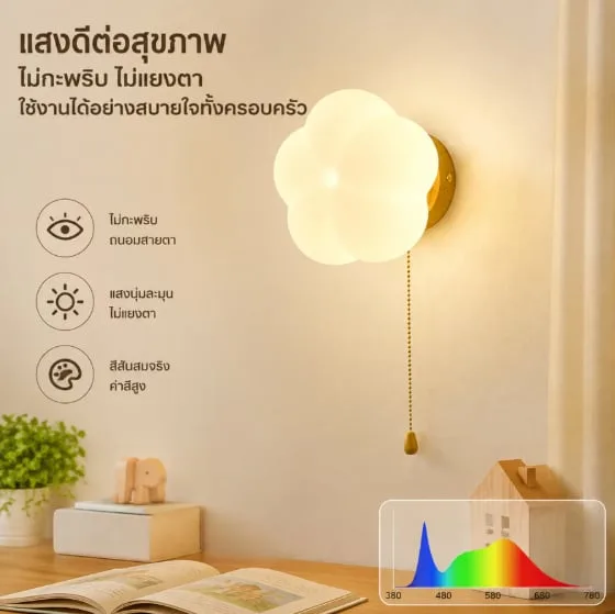 นํา กลีบโคมไฟติดผนังฐานไม้แสงอ่อนเชือกสวิทช์ฟรีหลอดไฟติดตั้งง่าย