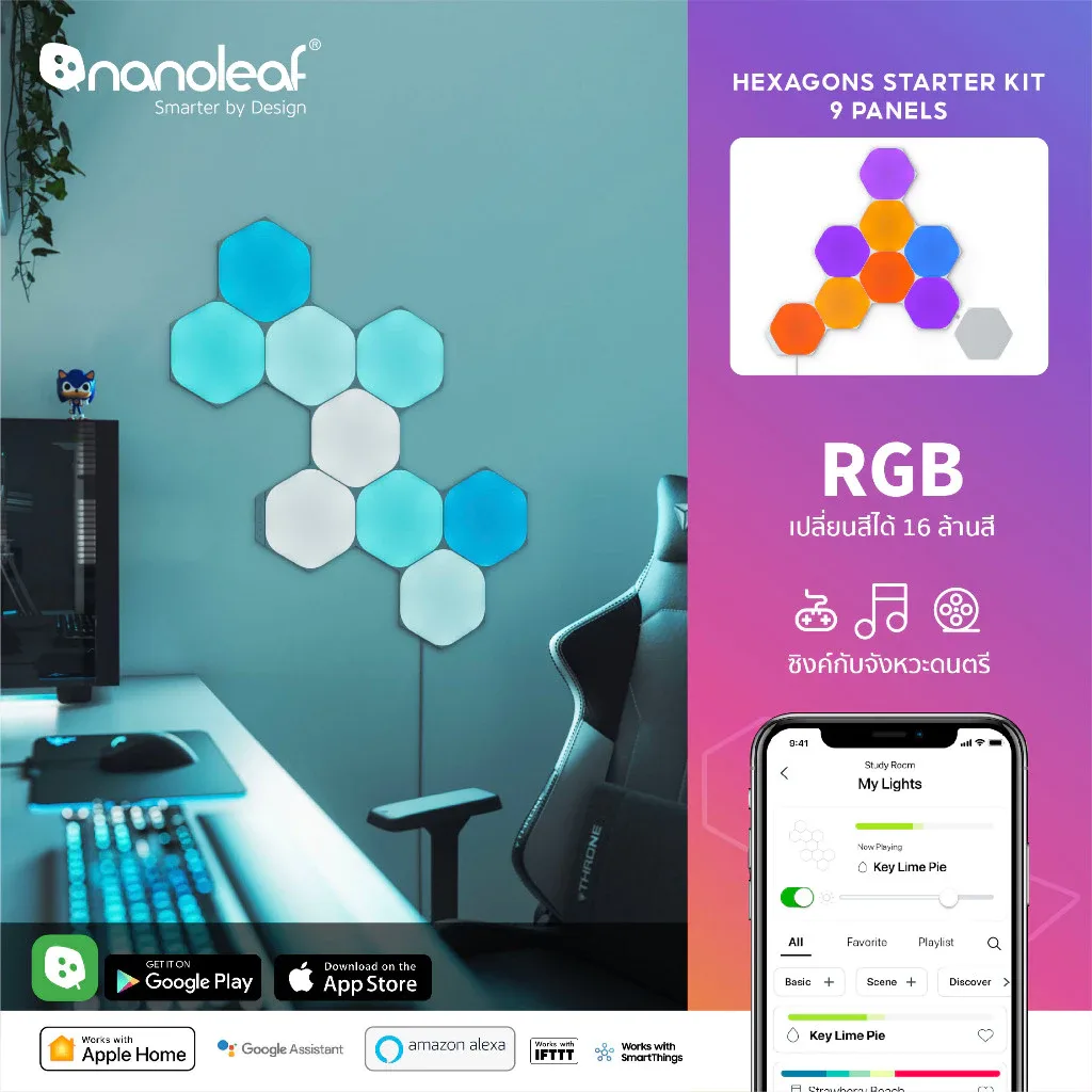 Shapes Hexagons (Starter Kit 9 Panels) ไฟแต่งห้อง LED RGB แบบหกเหลี่ยม NL42 0002HX 9PK